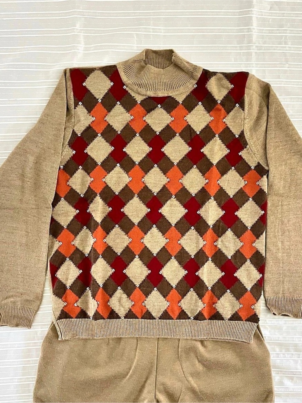 Alfred Dunner Petite Argyle Sweater Pants Set Size 12P Brown academia